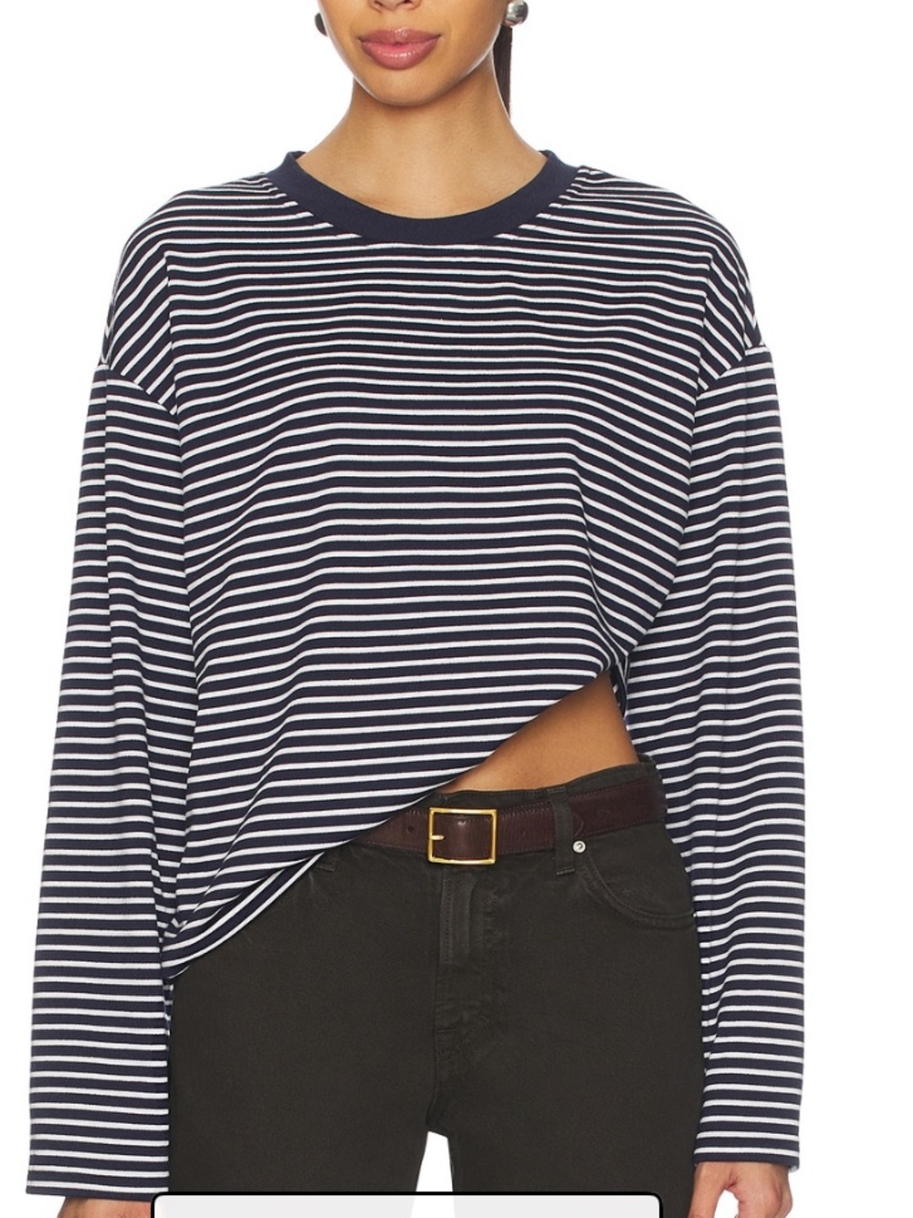 Striped Crewneck Long Sleeve Top in Navy/White